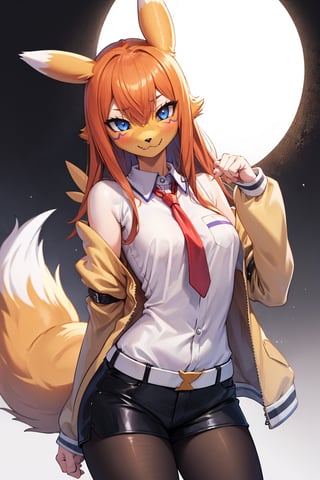 long hair, red hair, looking at viewer, Renamon, fox girl, fur, body fur, anthro, furry, detached sleeves,makise kurisu, paw,   jacket,  off shoulder,  collared shirt,  pantyhose,  black shorts,