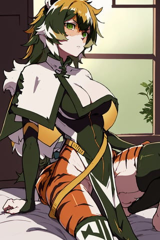 long hair, waai fu, anthro, tiger stripes, capelet, thighhighs, pelvic curtain, furry, fur, (green hair), (hiyajo maho: 1.2), breasts