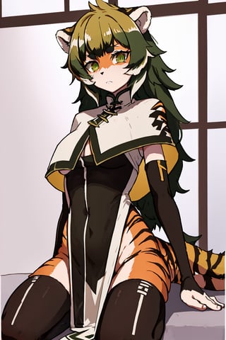 long hair, waai fu, anthro, tiger stripes, capelet, thighhighs, pelvic curtain, furry, fur, (green hair), (hiyajo maho: 1.2), breasts