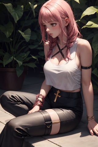 (masterpiece, best quality), 1girl, Cherry Dreadlocks, Size B breasts, Dusty Rose Sleeveless top and High-waisted gaucho pants with a boho vibe, thigh strap, Sitting cross-legged on the floor, looking away,  