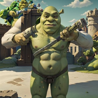 Highly detailed, High Quality, Masterpiece, beautiful, IncrsUnsheathingAKatanaMeme, sheath, holding sheath, , shrex, green skin, ogre, shrek, ,shrk