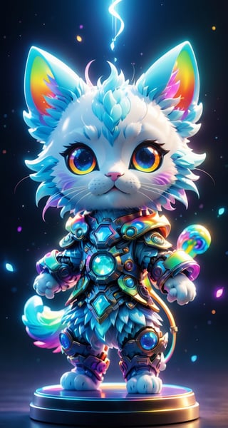 Blind box style, tchibi,A huge cute colourful cat with a  standing in front of it, digital art, fantasy style, fabulous, cool, dreamy rainbow core, animated energy, rich detail, light leaks, psychedelic illustration, god rays, rainbow core, small and cute, (eye color switch), (bright and clear eyes), anime style, depth of field, lighting cinematic lighting, divine rays, ray tracing, reflected light, glow light, side view, close up, masterpiece, best quality, high resolution, super detailed, high resolution surgery precise resolution, UHD, skin texture,full_body,chibi,best quality, 32k uhd, Epic CG masterpiece, hdr, dtm, full ha, 8K, extremely detailed graphics, stunning colors, 3D rendering, surreal, cinematic lighting effects, 00, surreal, Ultra wide angle, highest quality, extremely delicate, stunning lights and shadows,HD