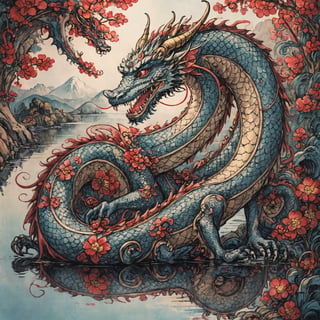  closeup of a paintdragon, detailed ,over  a japanses lake full of red lutos flowers, detailed reflection, peacefull atmophere ,paintdragon, knotwork,Ukiyo-e