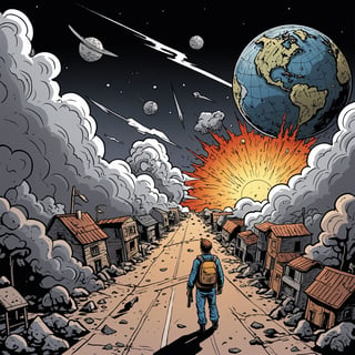  comic style, illustration,  comic writing about the end of the world  , (detailed  english text)