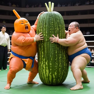 A carrot fighting a cucumber in a sumo wrestling match 