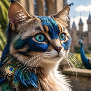 Detailed  closeup photo, of a peacock cat, peacock feathers, detailed eyes, natural light, castle gardens background  