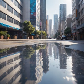 Detailed   photo of a giant pixel floating  in the air ,in a cyberpunk city, natural light, reflective puddles 