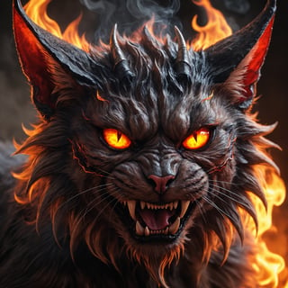 Detailed face closeup photo, of a demon cat, horns, fangs, glowing demon eyes, fire, smoke, natural light 