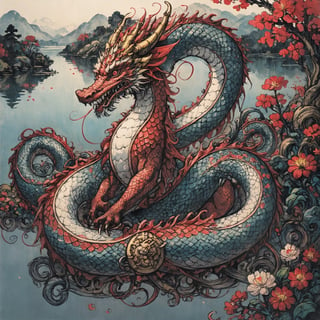 closeup of a paintdragon, detailed ,over  a japanses lake full of red lutos flowers, detailed reflection, peacefull atmophere ,paintdragon, knotwork,Ukiyo-e