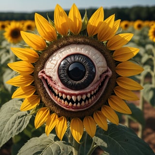 Detailed  closeup photo, of flesh eating sunflower ,evil eyes, fangs, natural light, summer Field background 