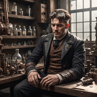 Detailed photo of a sad and crying steampunk man engineer, in his laboratory, sitting on a working bench, natural light 