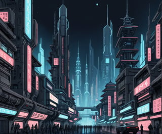 ukyoe woodblock drawing of an futuristic cyberpunk city