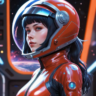 1 girl, fiery red jacket, tight suit,Space helm of the 1960s,and the anime series G Force of the 1980s,Ghost In The Shell style, Darf Punk wlop glossy skin, ultrarealistic sweet girl, space helm 60s, holographic, holographic texture, the style of wlop, space, stands on a pedestal,( with spaceships in the background)