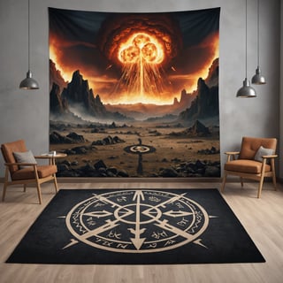 medieval wall rug artwork, of the end of the world, Nordic runes, destroyed landscape , atomic explosion in Background 