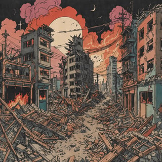 Colourful ukiyoe of a destroyed City after an atomic blast, post apocalyptic vibes, detailed,Ukiyo-e