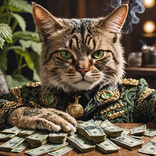 Detailed  closeup anthro a cat drug lord, smoking catnip, on a table full of catnip and money 