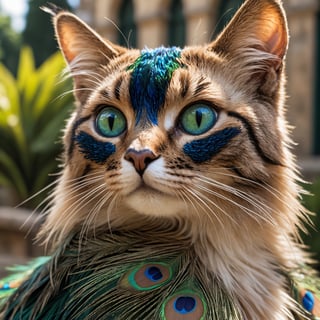 Detailed face closeup photo, of a peacock cat, peacock feathers, detailed eyes, natural light, castle gardens background  