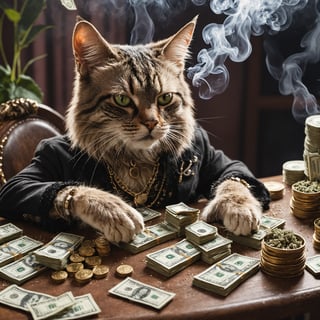 Detailed  closeup anthro a cat drug lord, smoking catnip, on a table full of catnip and money 