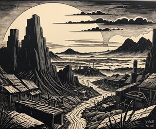 ukyoe woodblock drawing of an post apocalyptic landscape after ww3