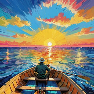 A impressionistic artwork of a lad trip , colorfull of an fisherman in his boat on a see of beer the sun has a face the sky is in all colors