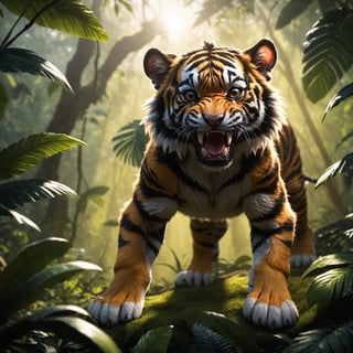  quality,high-resolution,dynamic angle,rainforest sunrise atmophere,playful-shadows,realistic epic-fluffy,puppy1tiger,angry hunting,huge detalied scene