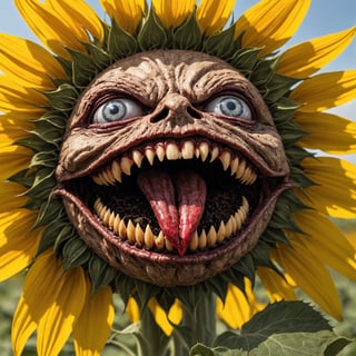 Detailed  closeup photo, of flesh eating sunflower ,evil eyes, fangs, natural light, summer Field background 