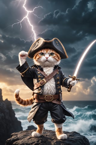 a cute cat pirate one piece outfit wearing a straw hat he is raising his saber and is standing on a cliff and is looking down on an stormy ocean a new dawn is rising on the horizon, high quality photography, 3 point lighting, flash with softbox, 4k, Canon EOS R3, hdr, smooth, sharp focus, high resolution, award winning photo, 80mm, f2.8, bokeh