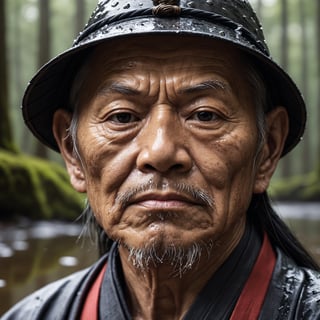 Closeup face photo of a old samurai man, reflecting puddles, forest background, natural light 