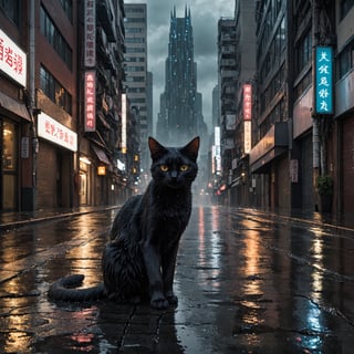 detailed photo, A dystopian city street after rain, showcasing wet, glistening pavement and dark, towering buildings, with a sleek black cat positioned prominently in the foreground, adding an eerie and mysterious element to the scene.