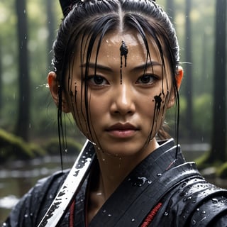 Closeup face photo of a samurai woman, detailed katana,reflecting puddles, forest background, natural light 