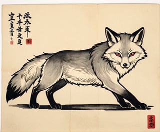 ukyoe woodblock drawing of an fox yokai 