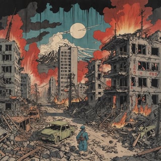 Colourful ukiyoe of a destroyed City after an atomic blast, post apocalyptic vibes, detailed,Ukiyo-e