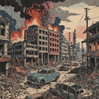 Colourful ukiyoe of a destroyed City after an atomic blast, post apocalyptic vibes, detailed,Ukiyo-e