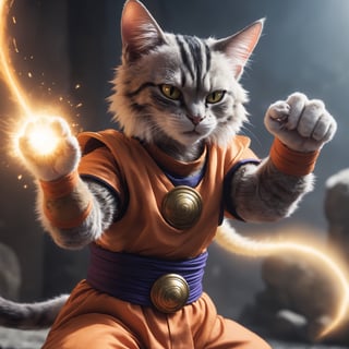 Detailed , closeup , Photo, of an anthro cat, wearing dragon ball z outfit, performing Kamehameha , sparks