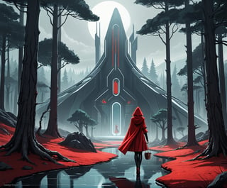 futuristic drawing style of  red riding hood in a futuristic screnery near the forest