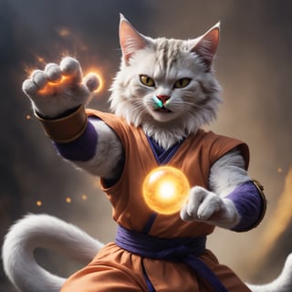 Detailed , closeup , Photo, of an anthro cat, wearing dragon ball z outfit, performing Kamehameha , sparks