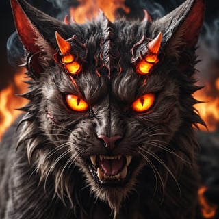 Detailed face closeup photo, of a demon cat, horns, fangs, glowing demon eyes, fire, smoke, natural light 