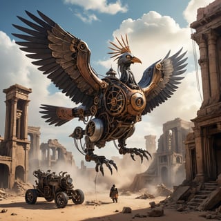 The image depicts a fantastical scene featuring a large mechanical bird with an appearance reminiscent of steampunk design, positioned in the midst of ancient ruins resembling a desert landscape. The mechanical creature is designed with intricate metalwork and boasts large, bird-like wings, as well as wheel appendages that give it the ability to move across the ground. Smoke is emanating from the top of the structure, suggesting that it is powered by some form of steam technology. There are towering structures and ruins in the background, enhancing the otherworldly feel of the environment depicted. The sky is clear with a few birds visible, further emphasizing the theme of flight