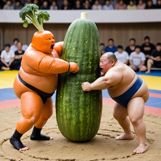 A carrot fighting a cucumber in a sumo wrestling match 