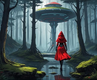 futuristic drawing style of  red riding hood in a futuristic screnery near the forest