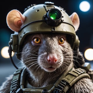 Closeup  portrait Photo of rat soldier wearing army helmet, night vision , robotic parts, detailed robotic led light eyes, natural light ,furry