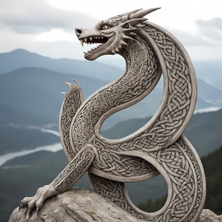 closeup photo, of an happy dragon, on a mountain, knotwork, runes