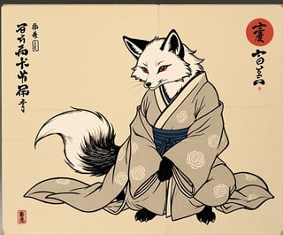 ukyoe woodblock drawing of an furry fox yokai female