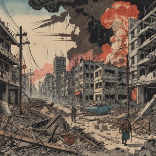 Colourful ukiyoe of a destroyed City after an atomic blast, post apocalyptic vibes, detailed,Ukiyo-e