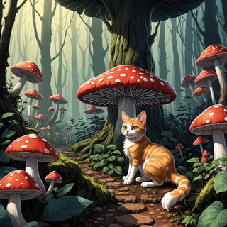 manga illustration of a fantastic epic mushroom forest, an cat in the front,