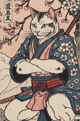 Detailed  closeup ukiyo-e artwork , of an cat samurai, Cherry Blossoms, epic pose ,Ukiyo-e,anthro