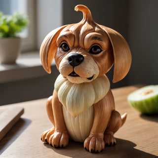 Detailed  closeup photo of a onion shaped like a dog, sitting on a table,natural light