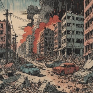 Colourful ukiyoe of a destroyed City after an atomic blast, post apocalyptic vibes, detailed,Ukiyo-e