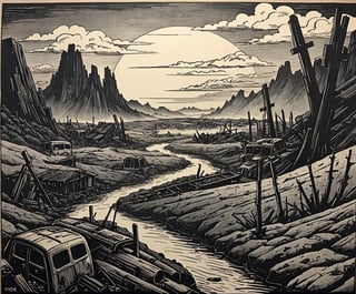 ukyoe woodblock drawing of an post apocalyptic landscape after ww3