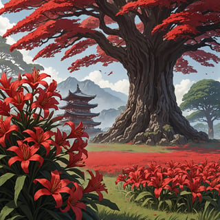 closeup anime artwork of an red red lily field near a  and a giant old oak tree, samurai is leaning on the tree
